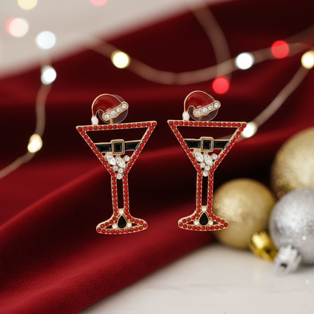 Stud Gold Tipsy Santa Red Martini Xmas Earrings