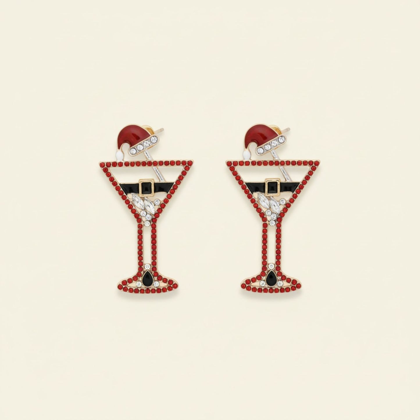 Stud Silver Tipsy Santa Red Martini Xmas Earrings