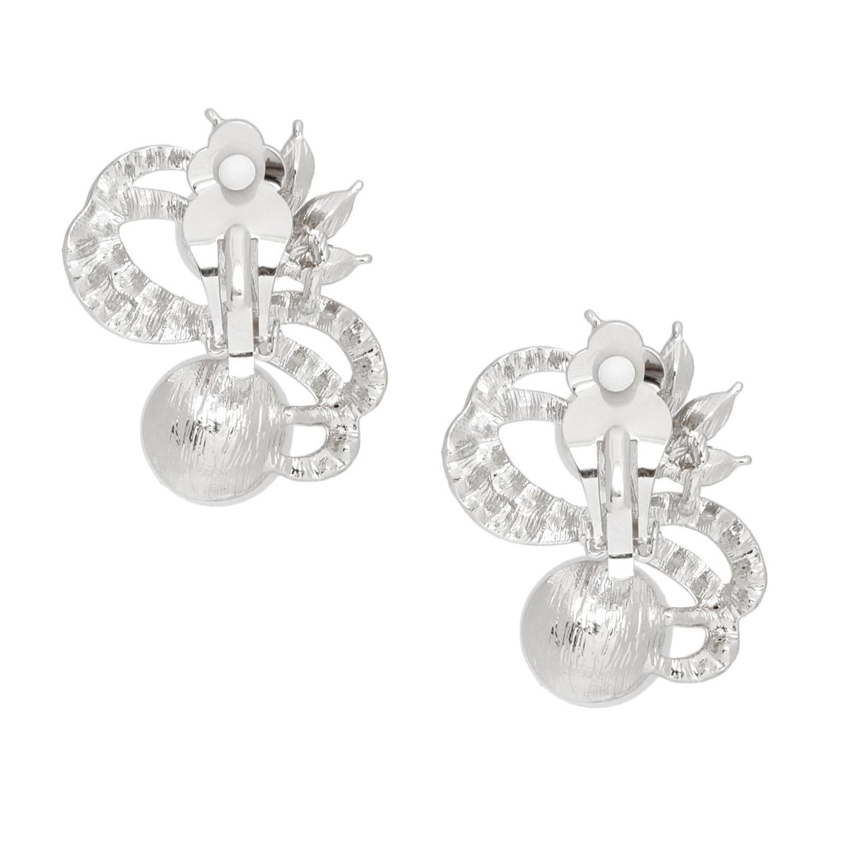 Clip On High End Silver Ribbon Red Pearl Earrings