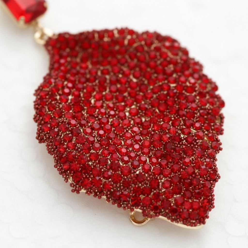 Drop Red Rhinestone Encrusted Leaf Earrings