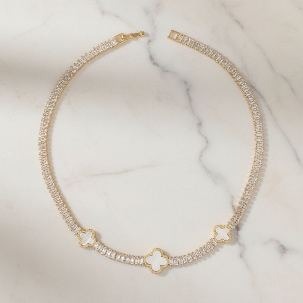 Tennis Gold CZ Baguette White Quatrefoil Necklace