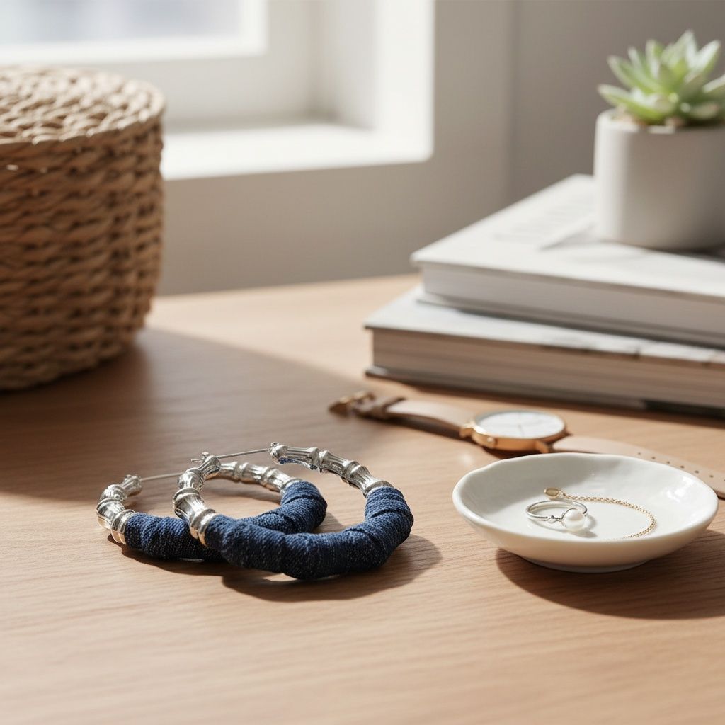 Hoop Denim Jeans Silver Bamboo Texture Earrings