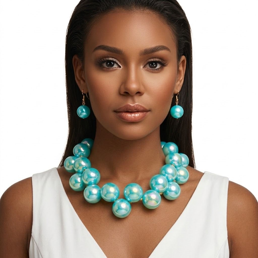 Aqua Blue Marble Bubble Ball Bead Necklace