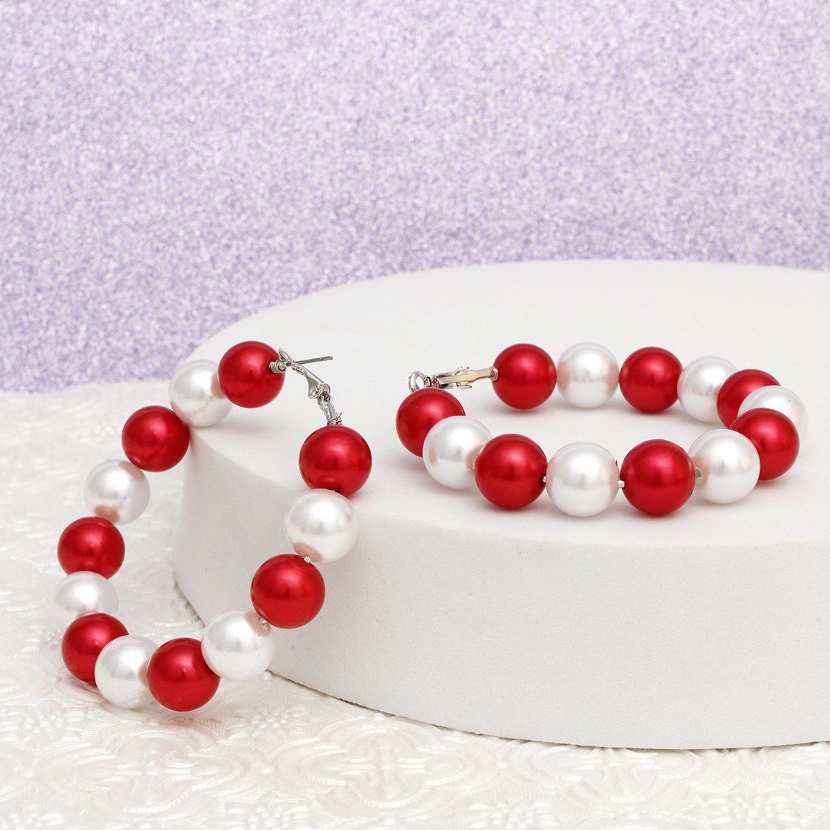 DST Sorority Red White 60mm Pearl Hoop Earrings
