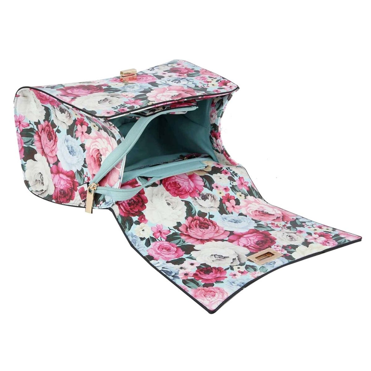 Light Blue Floral Flal Top Handle Handbag Set