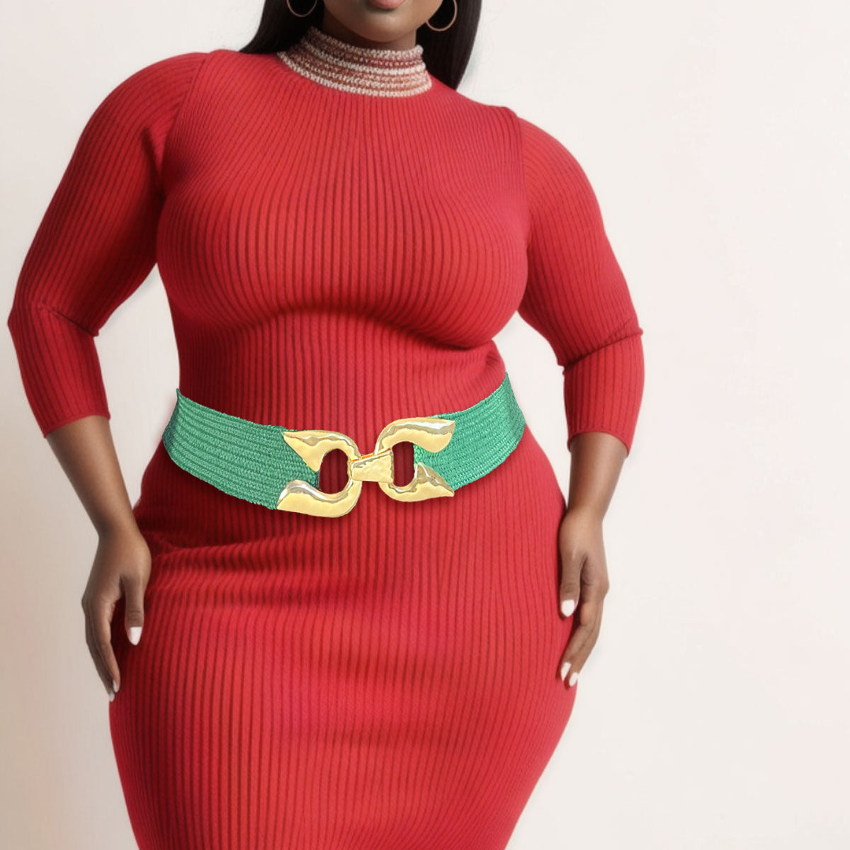 Stretch Belt Raffia Green Horseshoe for Women