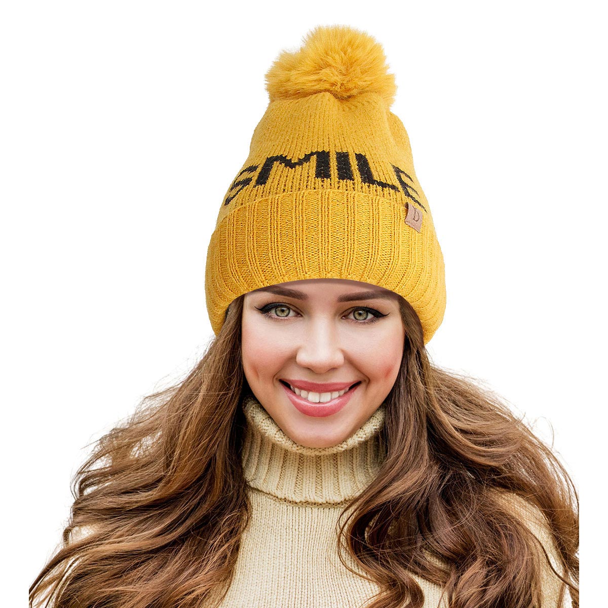 Mustard SMILE Pom Beanie