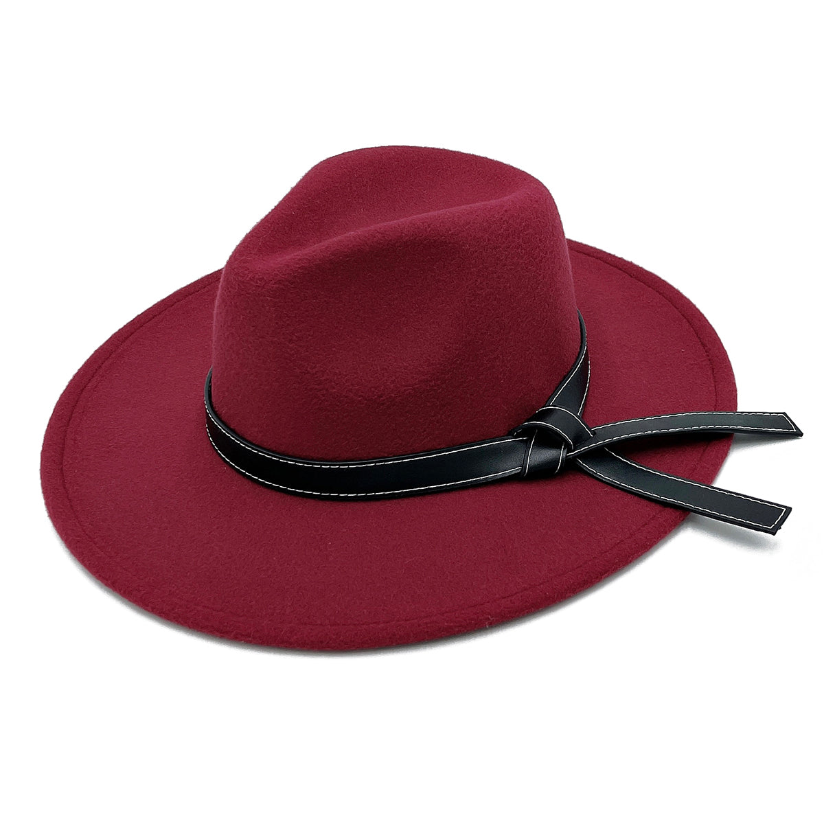 Leather Ribbon Burgundy Wide Brim Fedora