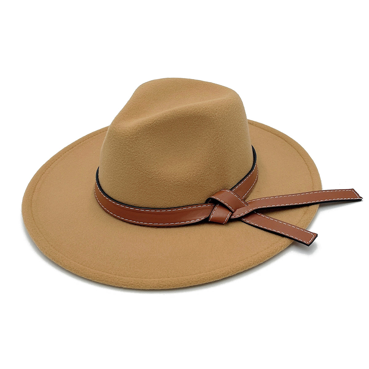 Leather Ribbon Camel Wide Brim Fedora
