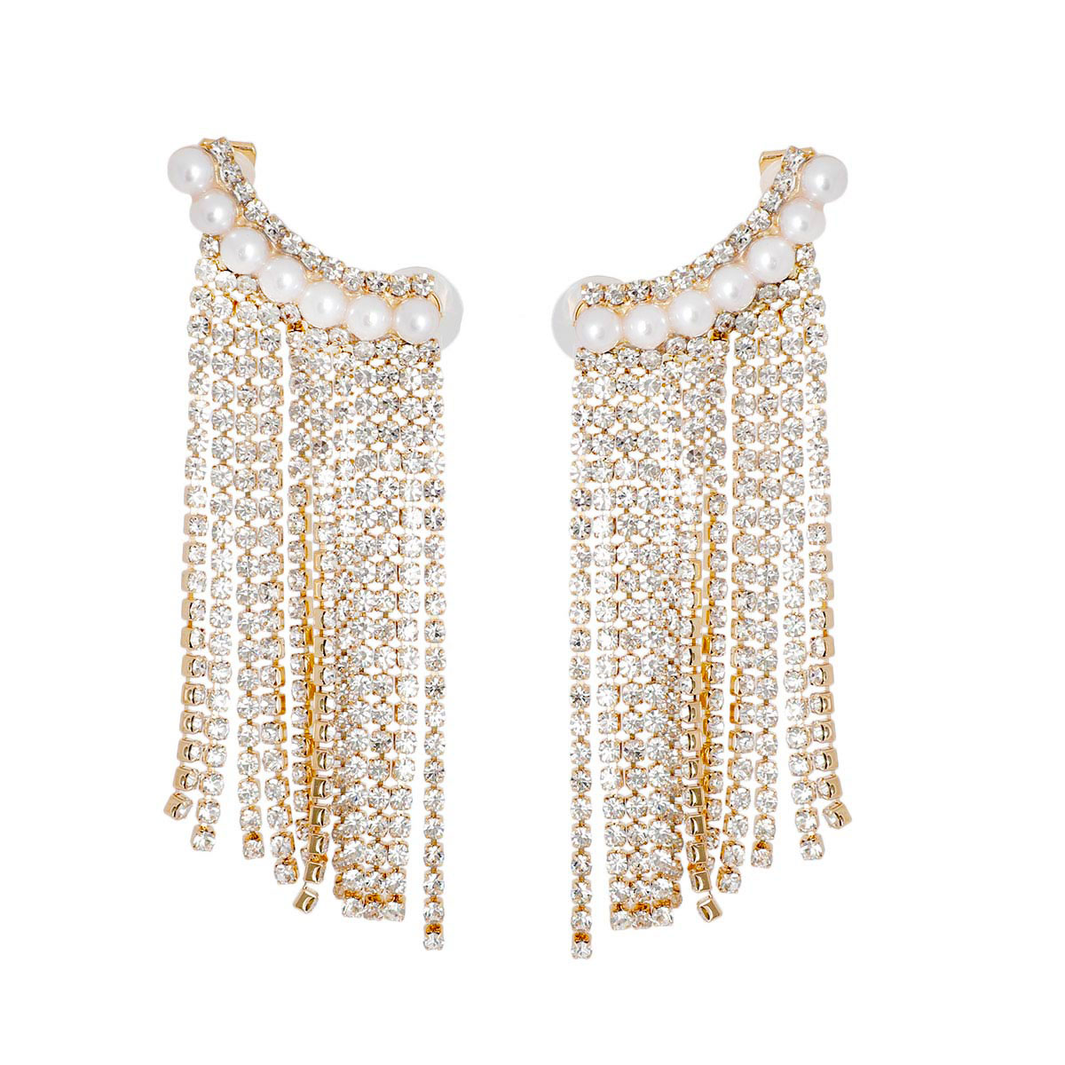 Gold Pearl Fringe Ear Climber Earrings