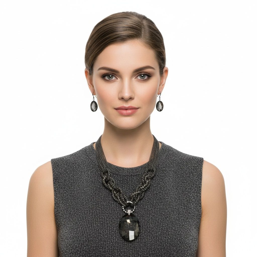 Pendant Black Oval Crystal Hematite Chain Necklace