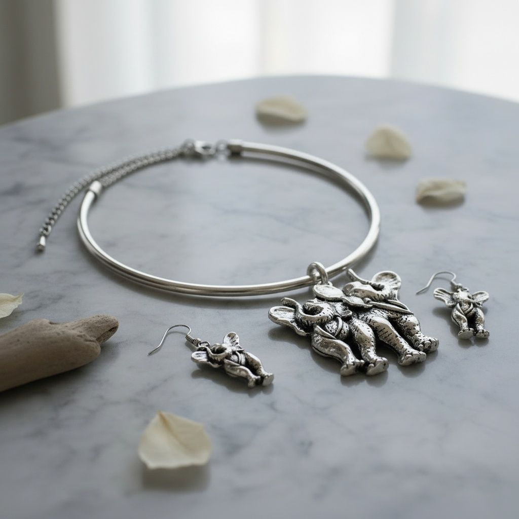 Pendant Burnished Silver Double Elephant Choker