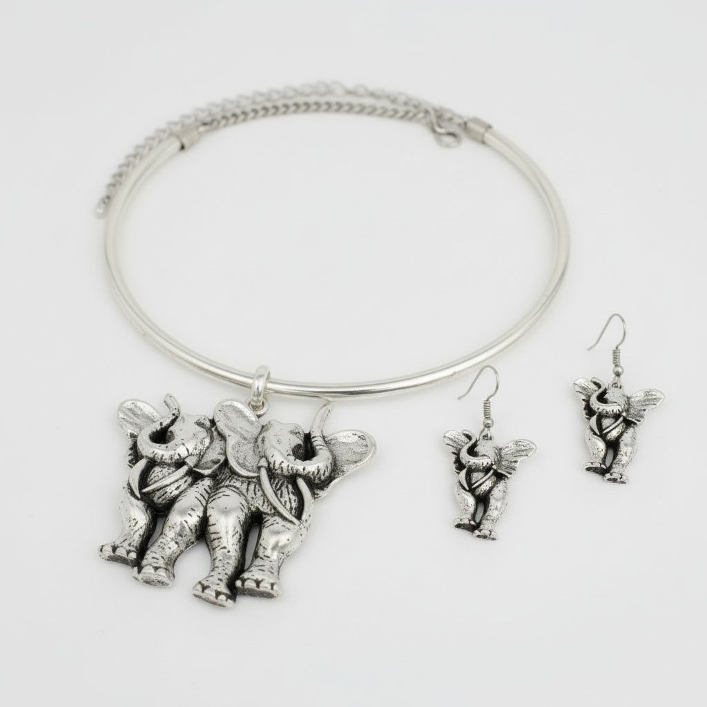 Pendant Burnished Silver Double Elephant Choker