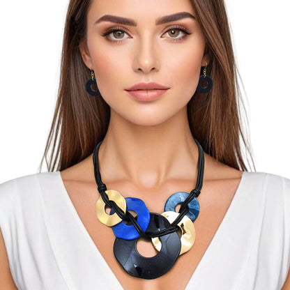 Necklace Black Cord Blue Rings Set for Women