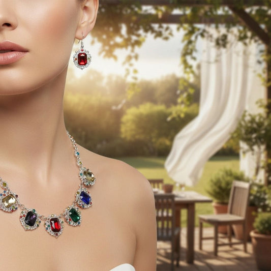Collar Silver Filigree Multicolor Crystal Necklace