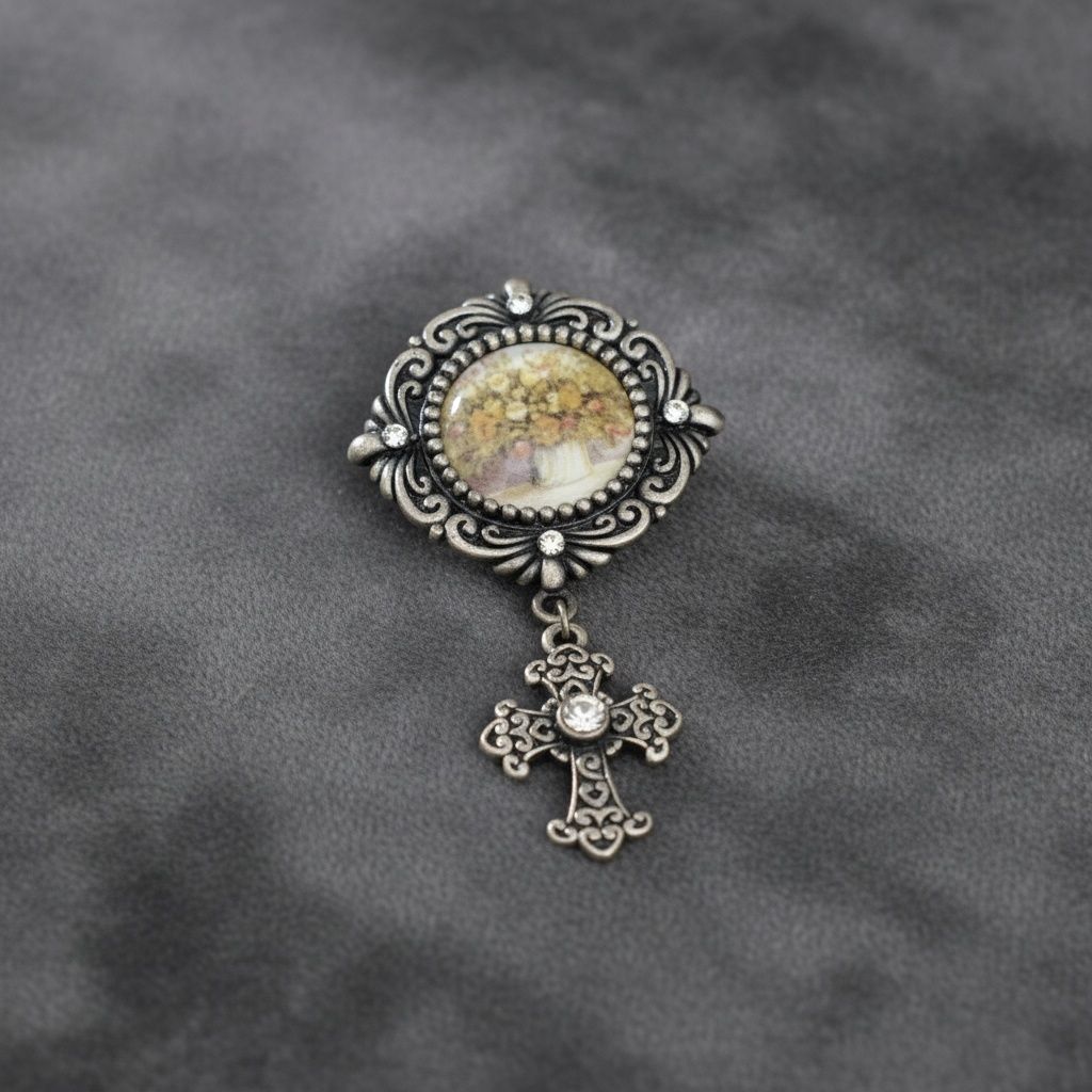 Brooch Antique Cross Round Picture Frame Pin