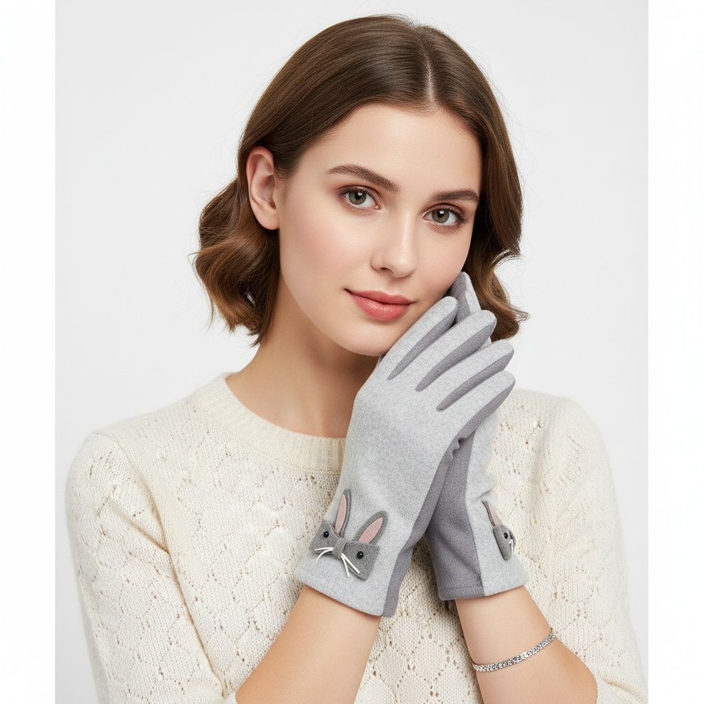 Gray Woolen Cute Rabbit Touchscreen Winter Gloves