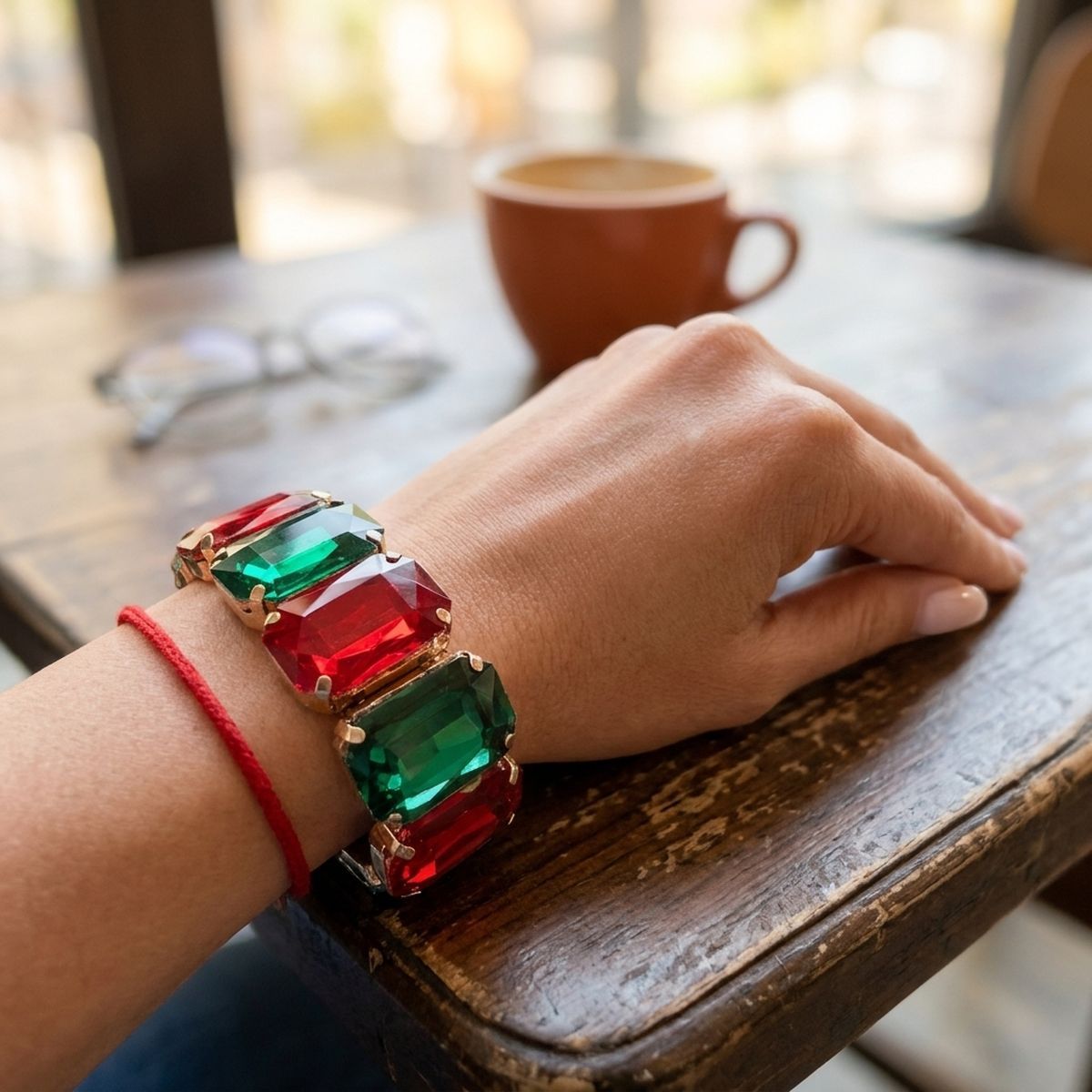 Holiday Red Green Glass Crystal Stretch Bracelet