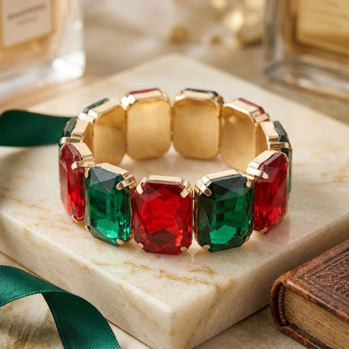 Holiday Red Green Glass Crystal Stretch Bracelet