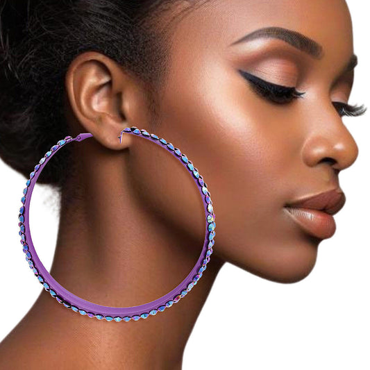 Hoops Purple Metal Bling 3 inch Earrings Women