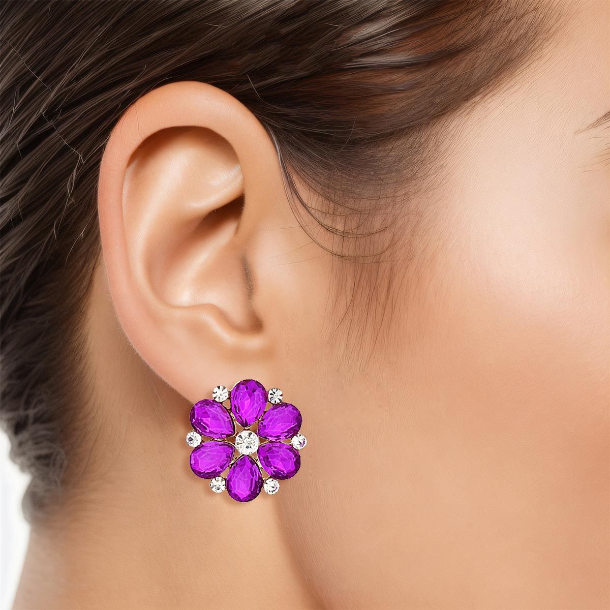 Purple Violet Flower Stone Stud Earrings