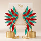 Holiday Red Green Crystal Wing Clip On Earrings