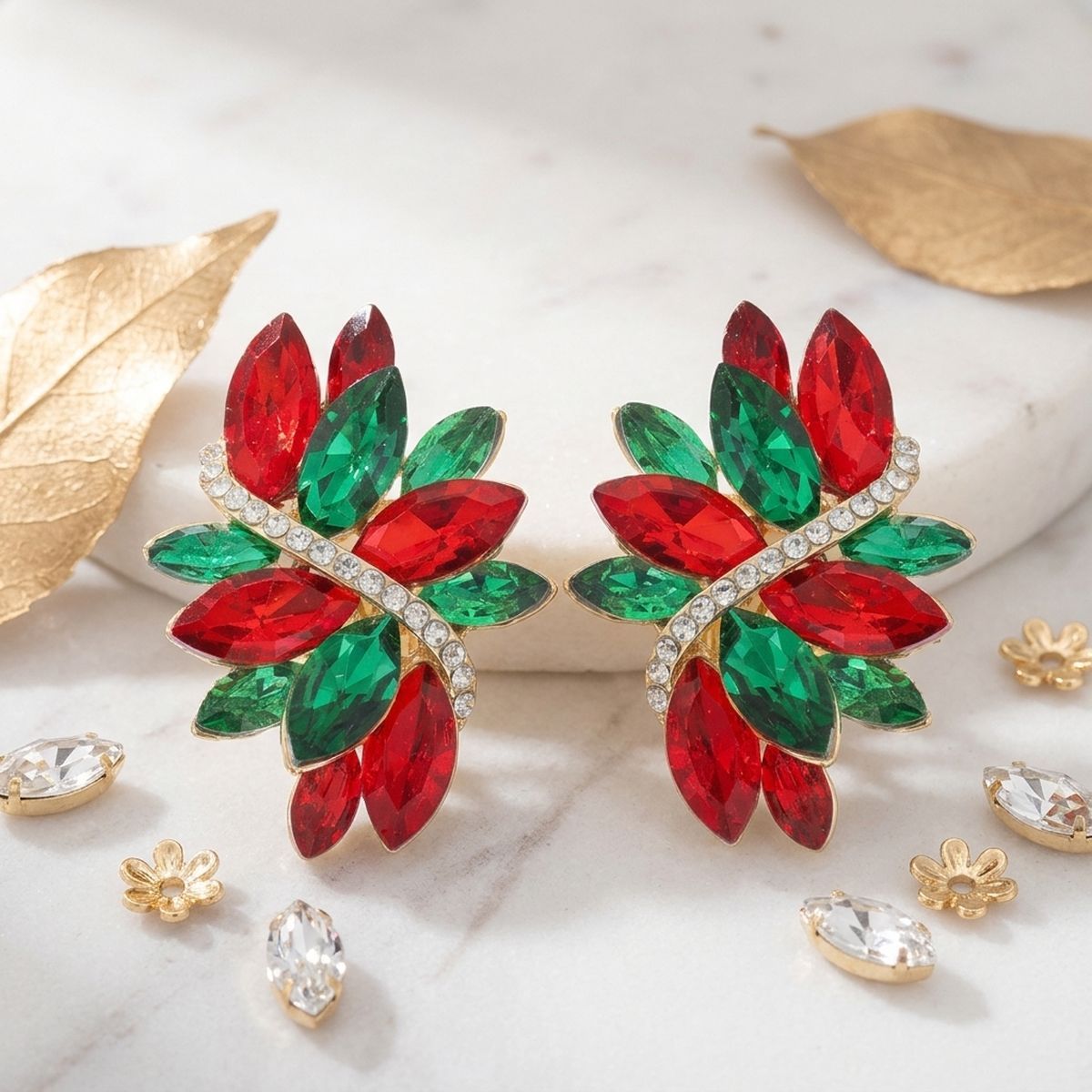 Holiday Red Green Crystal Cluster Clip On Earrings