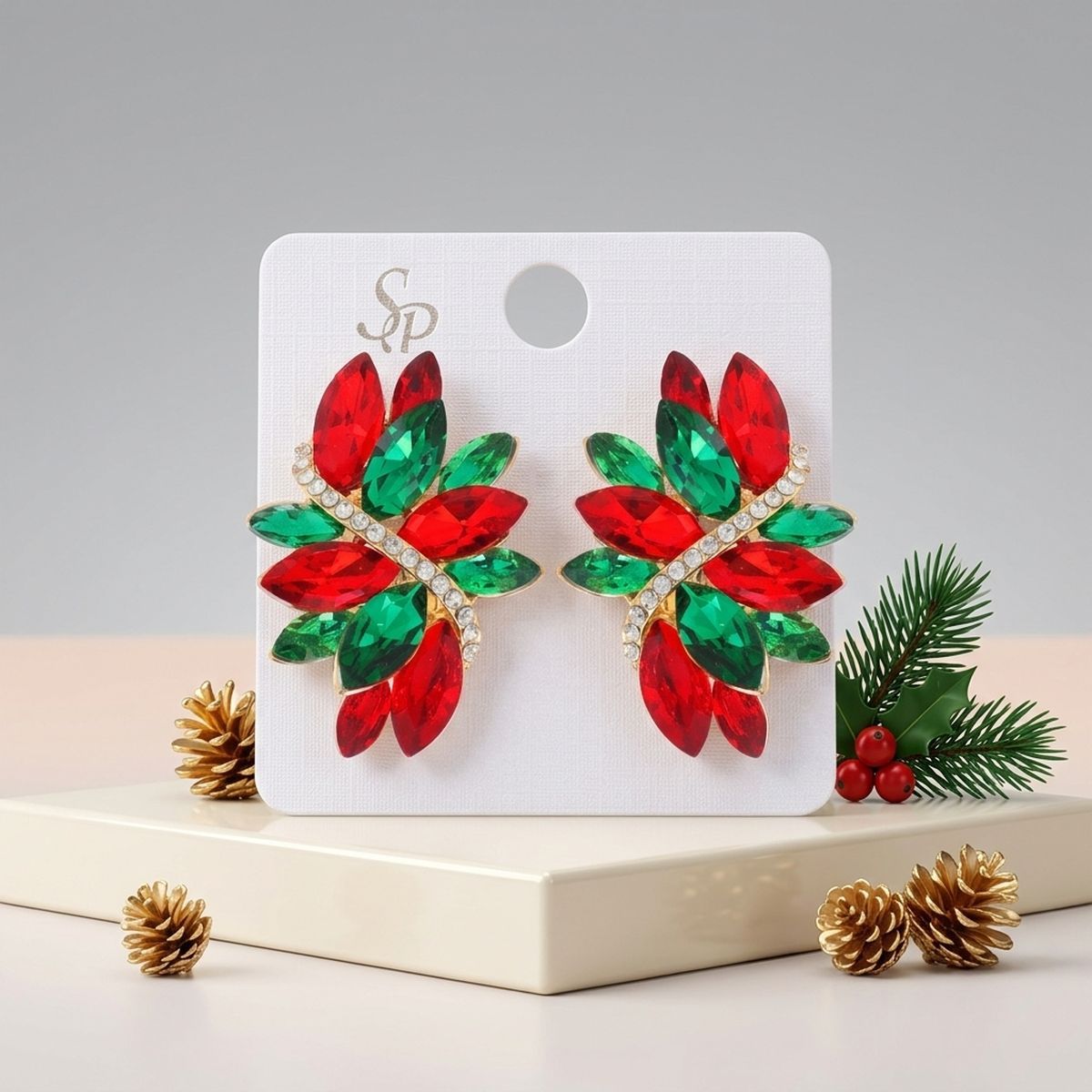 Holiday Red Green Crystal Cluster Clip On Earrings