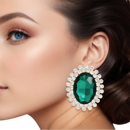 Clip On Medium Green Oval Halo Earrings for Women