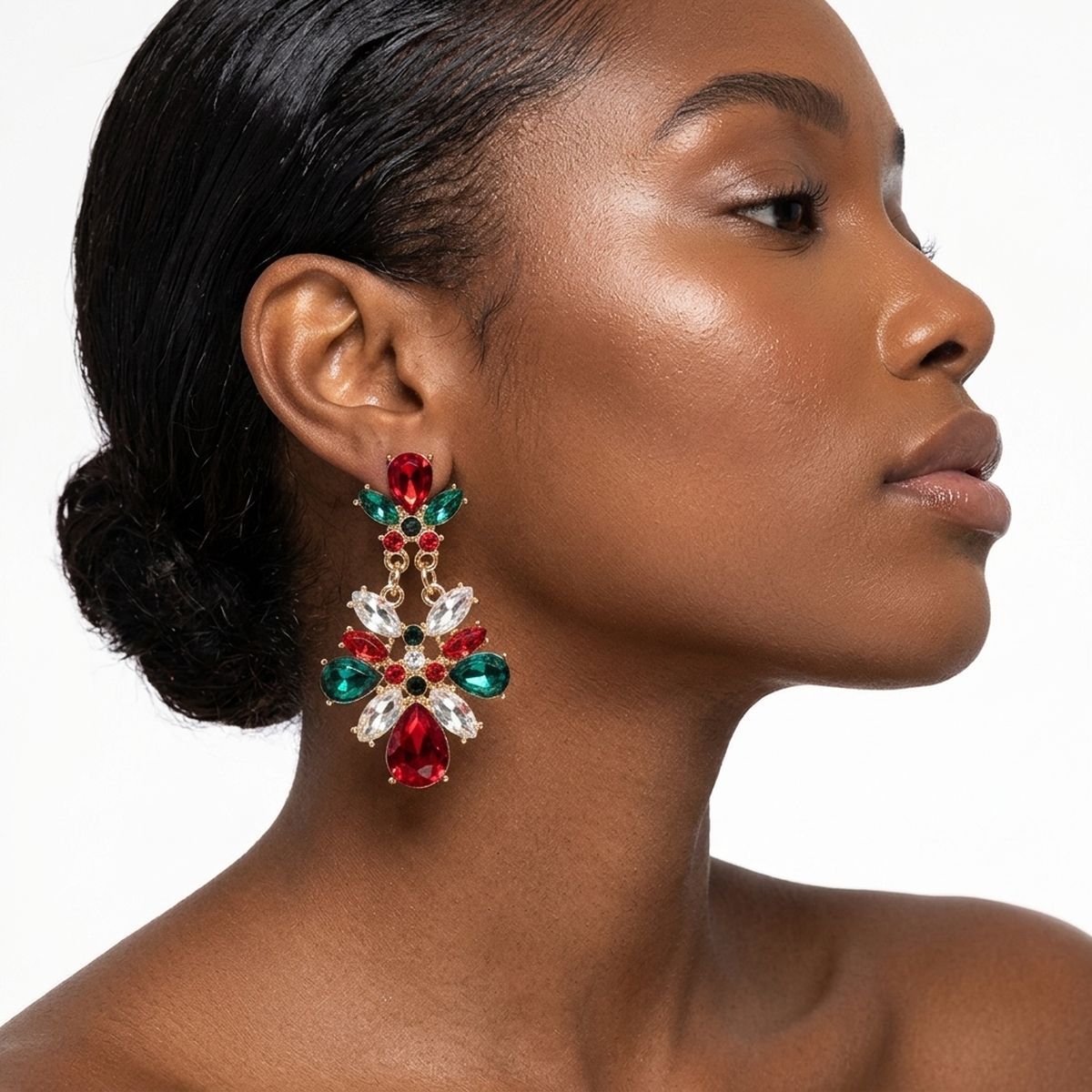 Holiday Red Green Crystal Chandelier Earrings