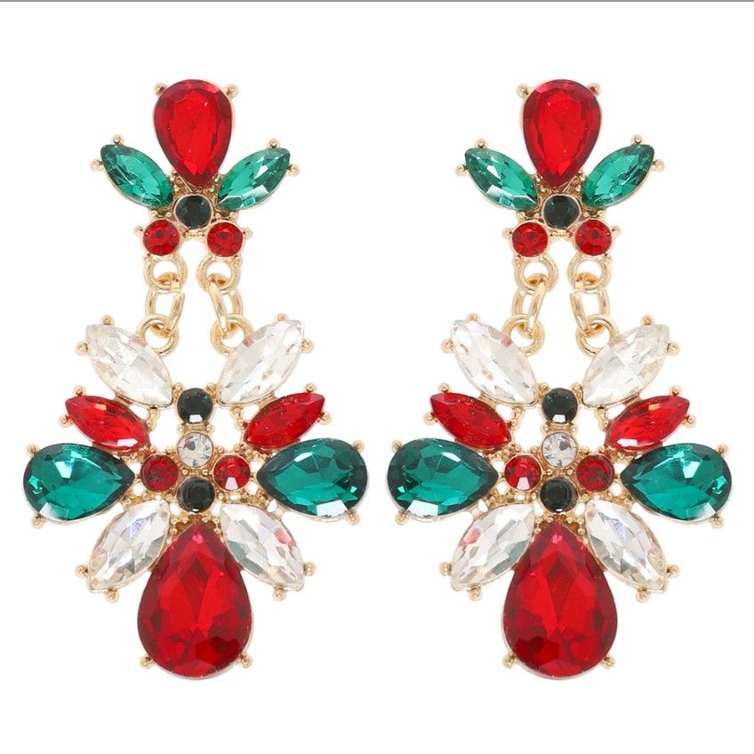 Holiday Red Green Crystal Chandelier Earrings