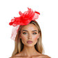 DST Red Flower Net Derby Tilt Feather Fascinator