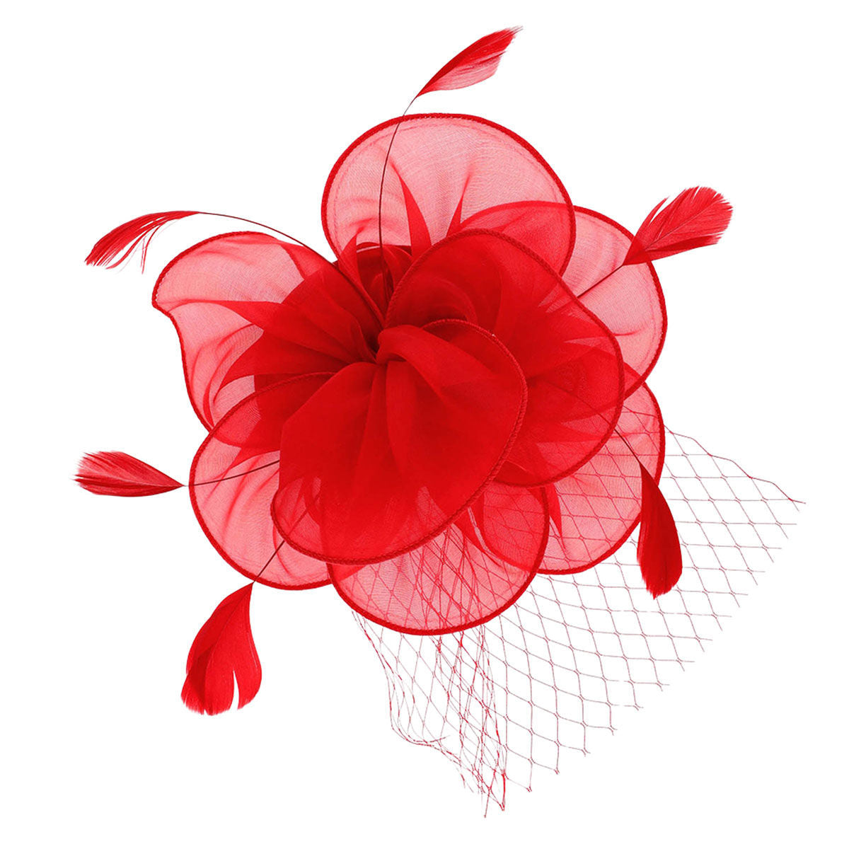 DST Red Flower Net Derby Tilt Feather Fascinator