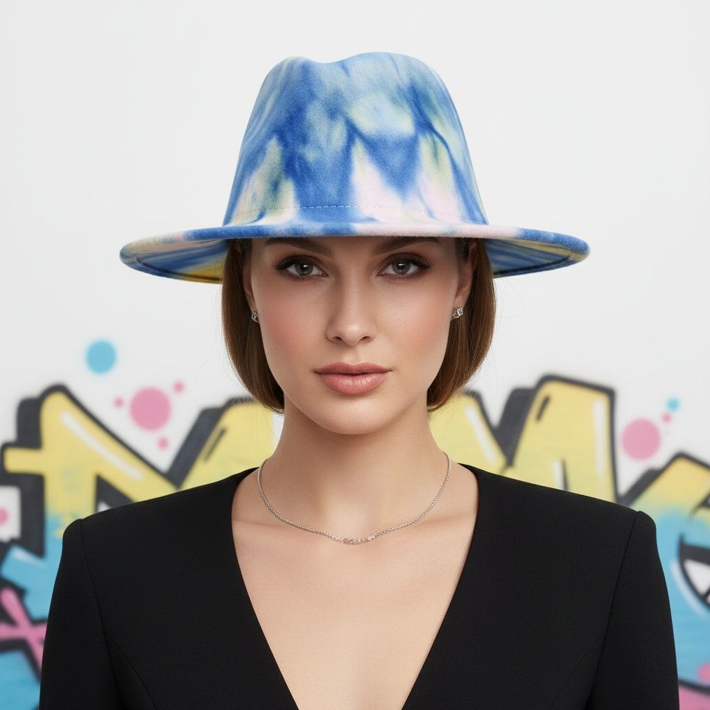 Fedora Blue Pink Yellow Tie Dye Fashion Hat for Women