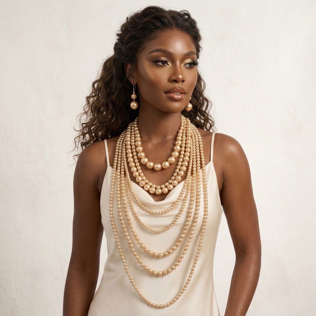 Golden Champagne Multi Strand Long Pearl Necklace