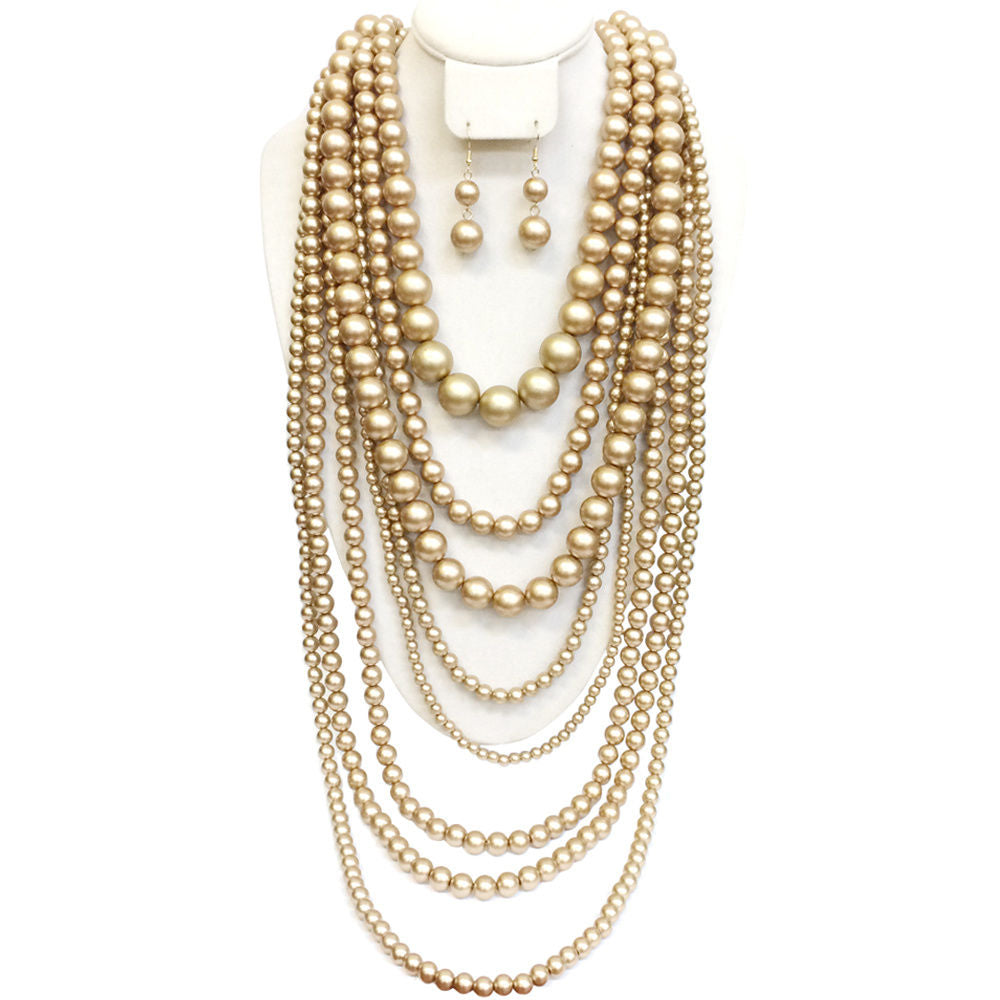 Golden Champagne Multi Strand Long Pearl Necklace