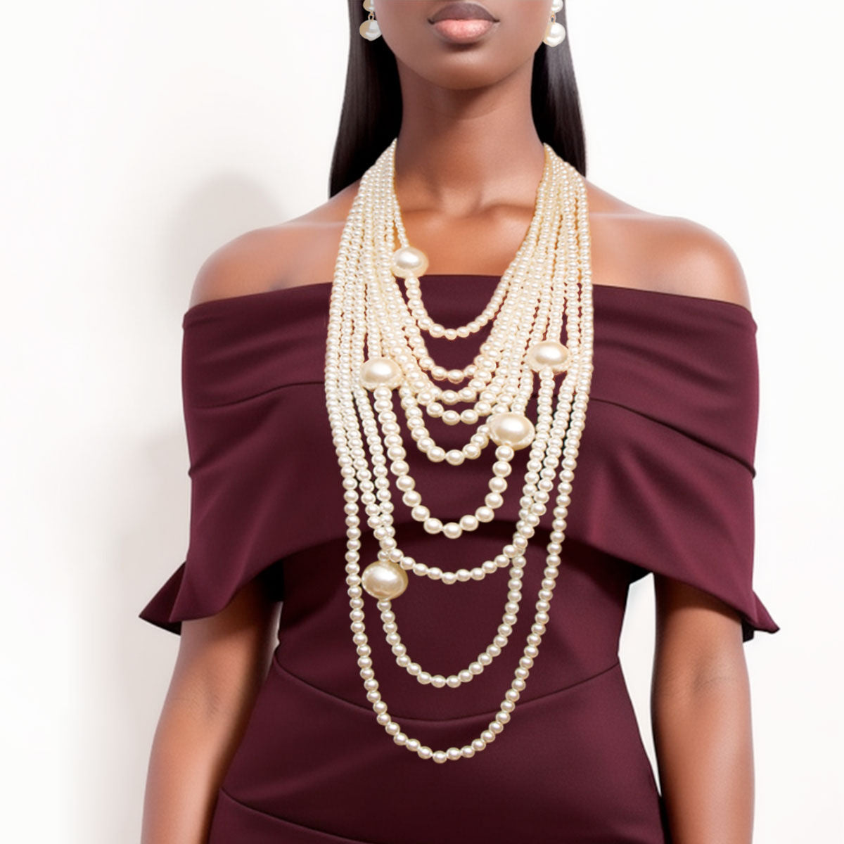Long Layered Strand Cream Pearl Set