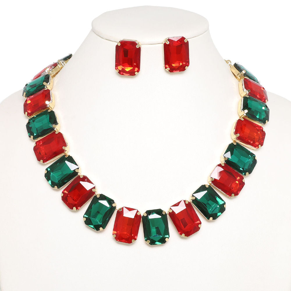 Holiday Red Green Glass Crystal Necklace Set