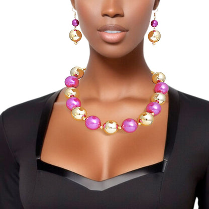 Pearl Necklace Fuchsia Gold Jumbo Set for Women