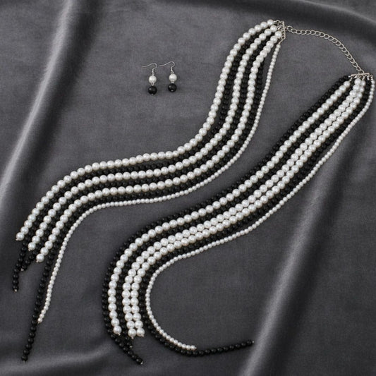 Long Black White Pearl Adjustable Knot Necklace