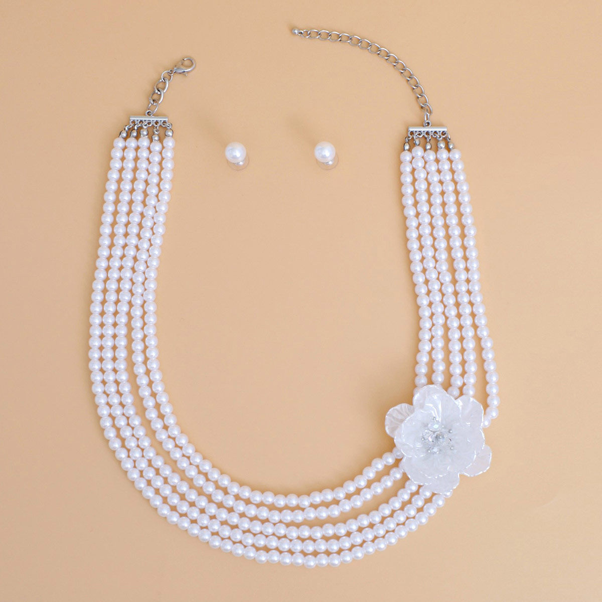 Pearl Necklace White 5 Strand Flower Set for Women