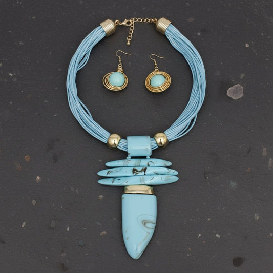 Turquoise Marbled Horn Pendant Multi Cord Necklace