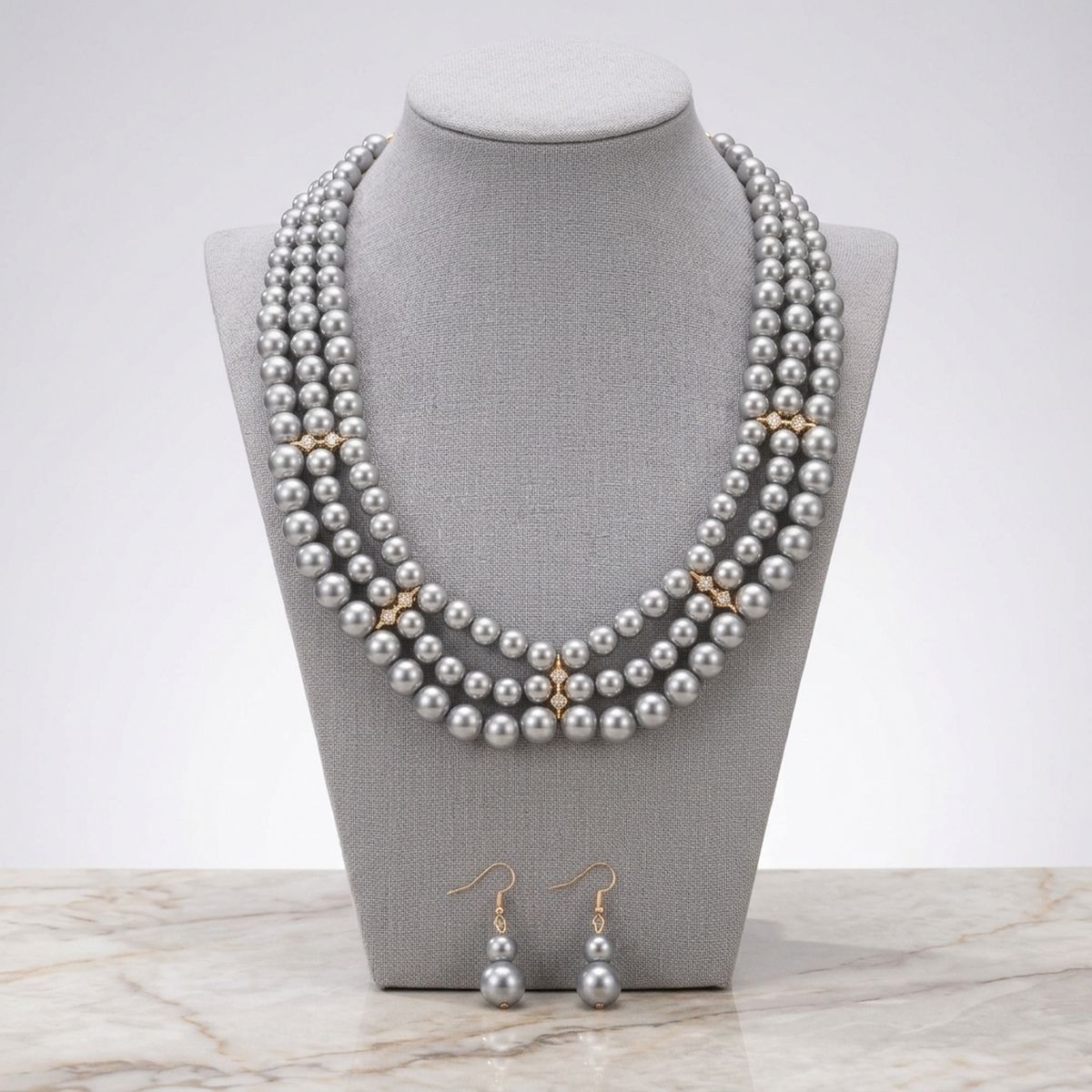 3-Strand Gray Pearl Layered Necklace Set