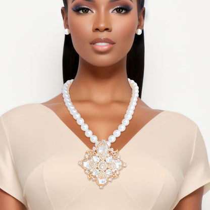 Pearl Necklace Cream Crystal Pendant Set for Women