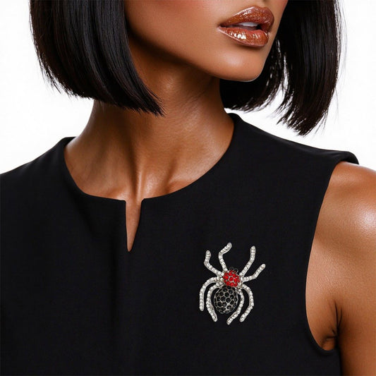 Brooch Spooky Sparkle Silver Spider Black Red Pin