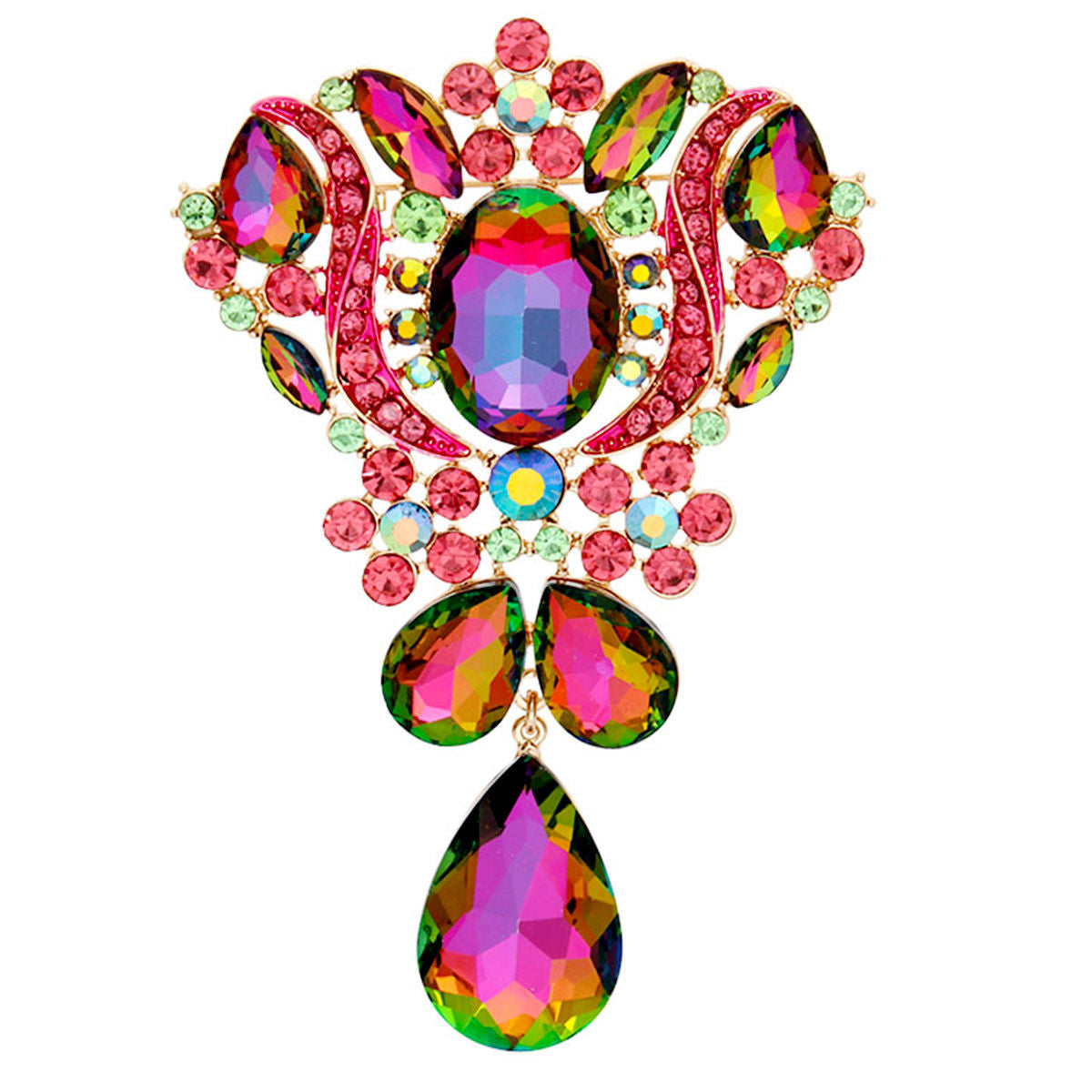 Brooch AKA Large Green Crystal Pink Rhinestone Pin