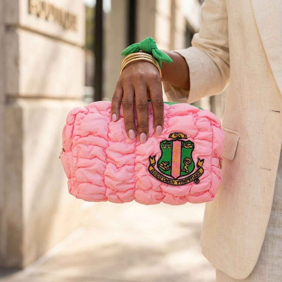 AKA Candy Pink Crest Mini Quilted Puffy Pouch