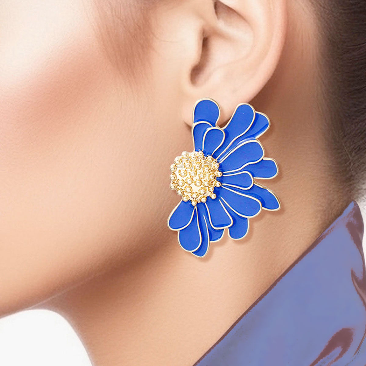 Studs Blue Half Daisy Flower Earrings for Women