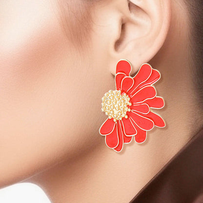 Studs Red Half Daisy Flower Earrings for Women