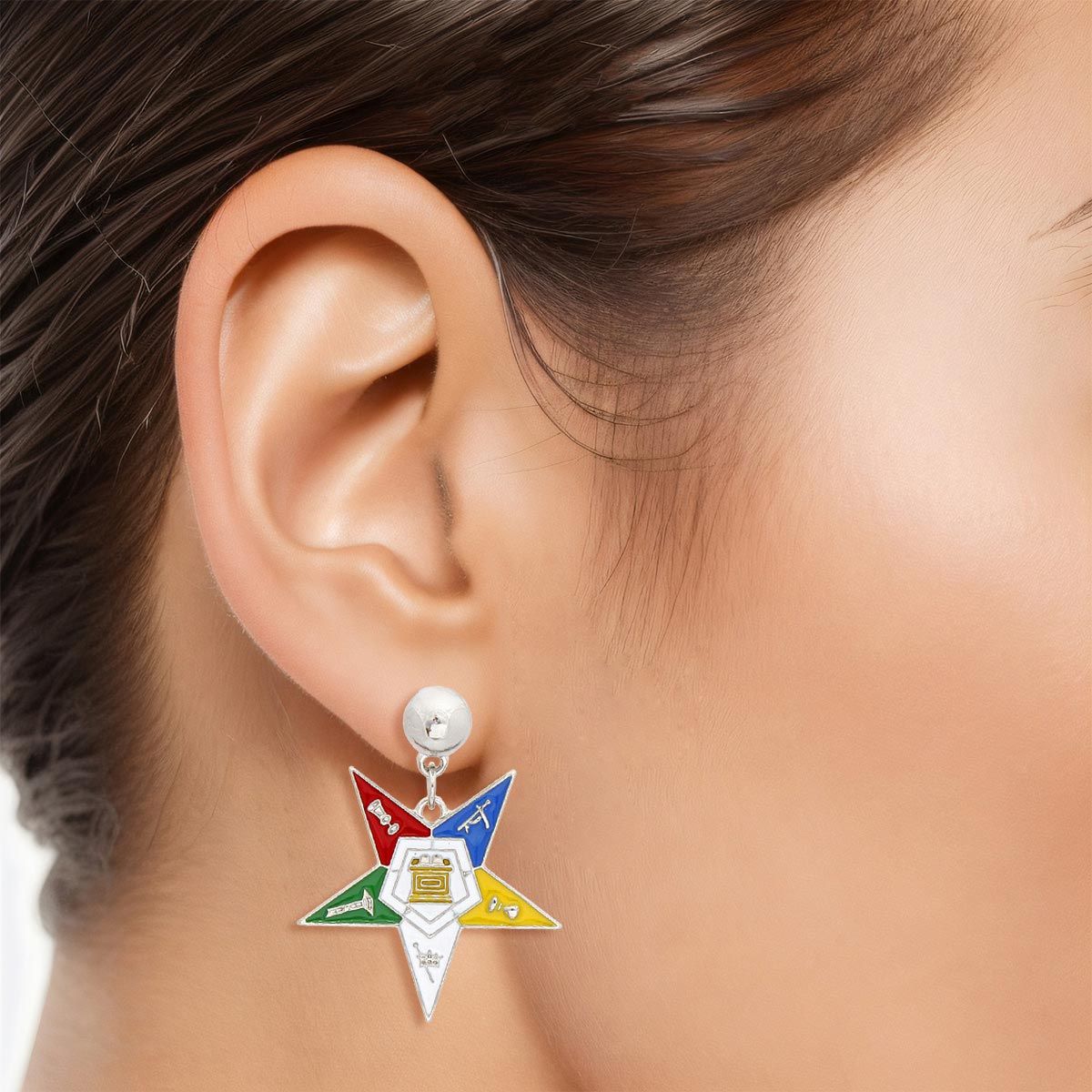 OES Sorority White Star Shield Drop Silver Earring